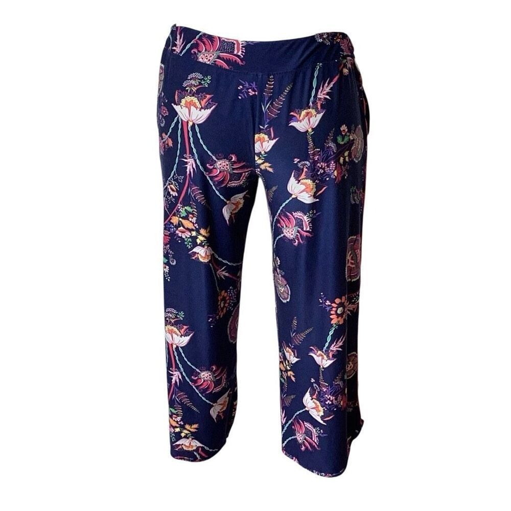 Soma Floral Cropped Pajama Lounge Pants Navy Stretch Capri Size Medium - Picture 6 of 10